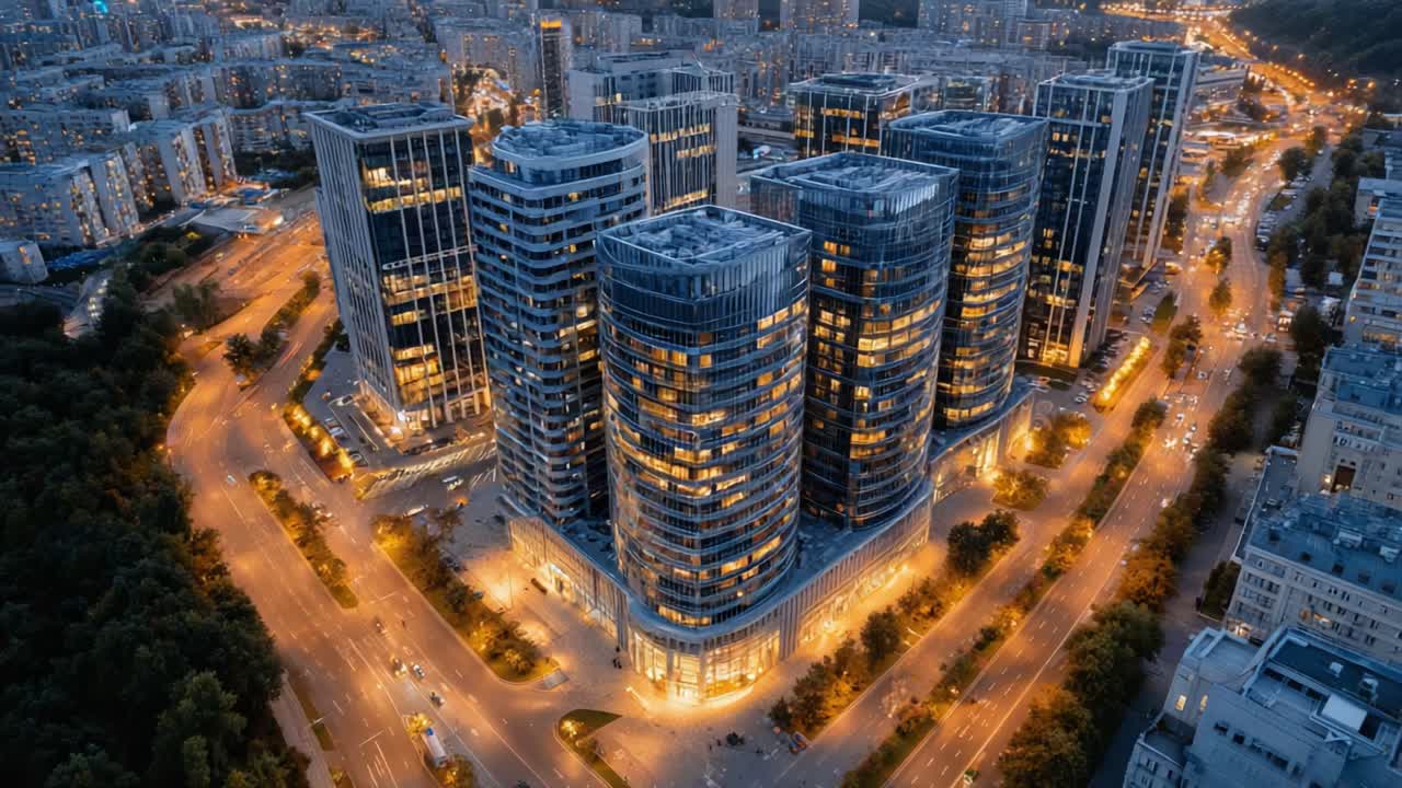 Stunning Aerial View of Modern Urban Architecture at Dusk with Illuminated Glass Facades and City Streets Captured in Two Frames