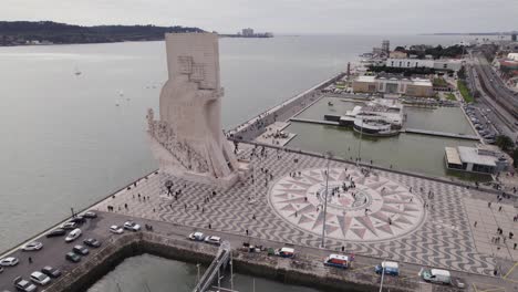 Padrão-dos-Descobrimentos-monument-on-Tagus-riverside,-Aerial-establishing-shot