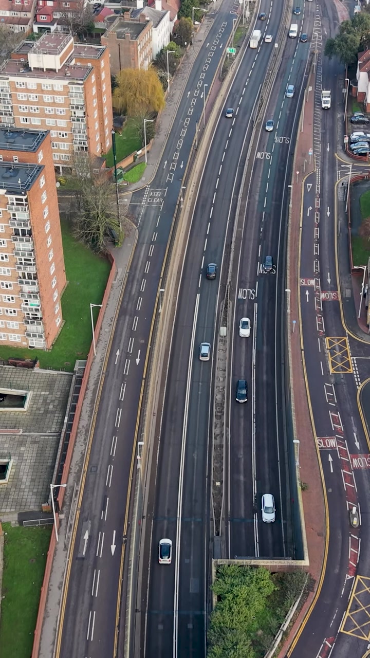 Vertical drone reverse at A12 George Green Underpass Tunnel and traffic