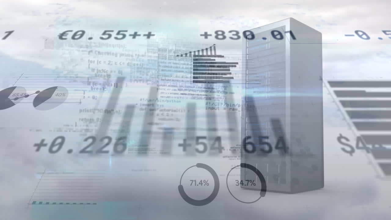 Animation of programming language, multiple charts, currency sign numbers over clouds and cpu