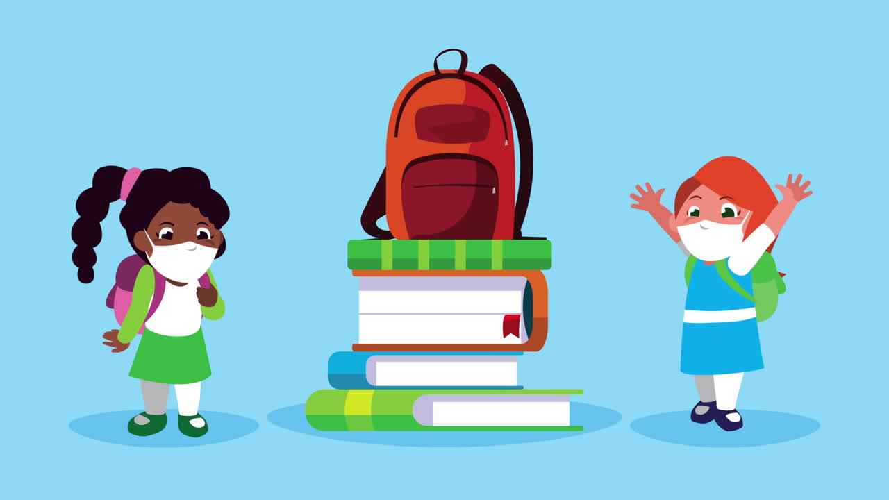 책 과 학교 가방 을 들고 의료 마스크 를 착용 한 어린 여자 학생 들