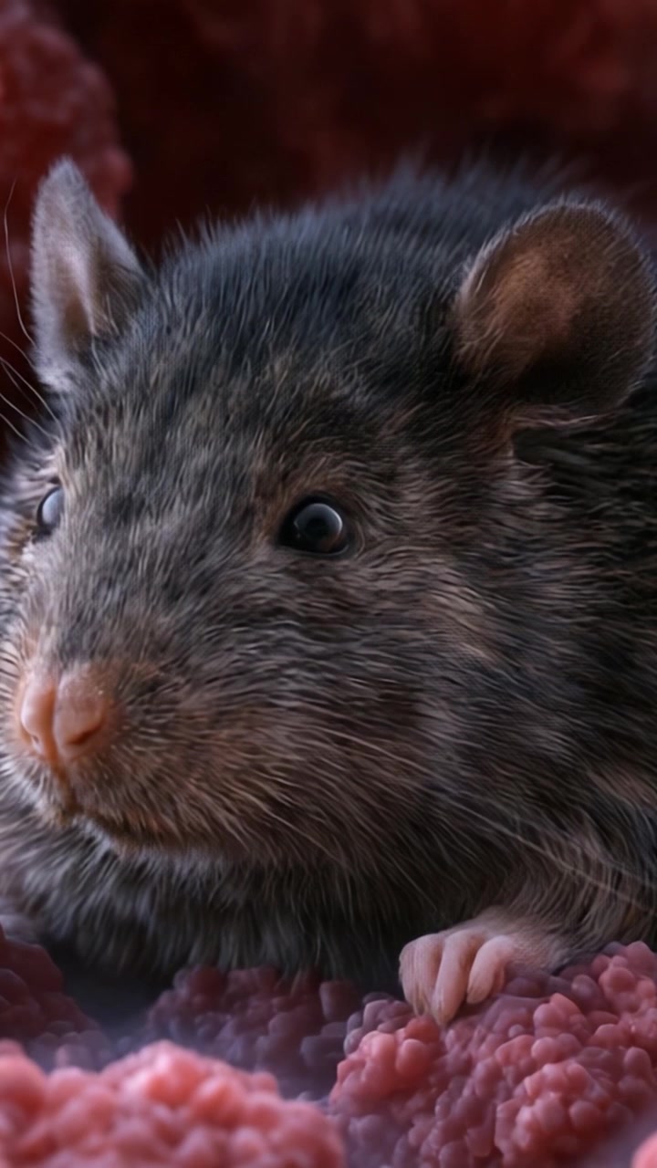 Primo piano di un piccolo roditore circondato da uno sfondo dalla texture morbida che evidenzia le intricate caratteristiche del suo viso e della sua pelliccia.