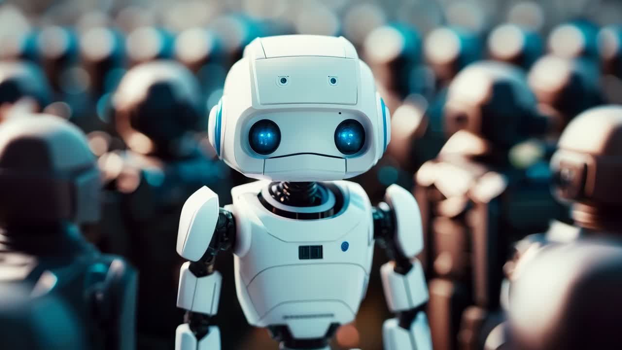 un grupo de robots de pie en una multitud de personas