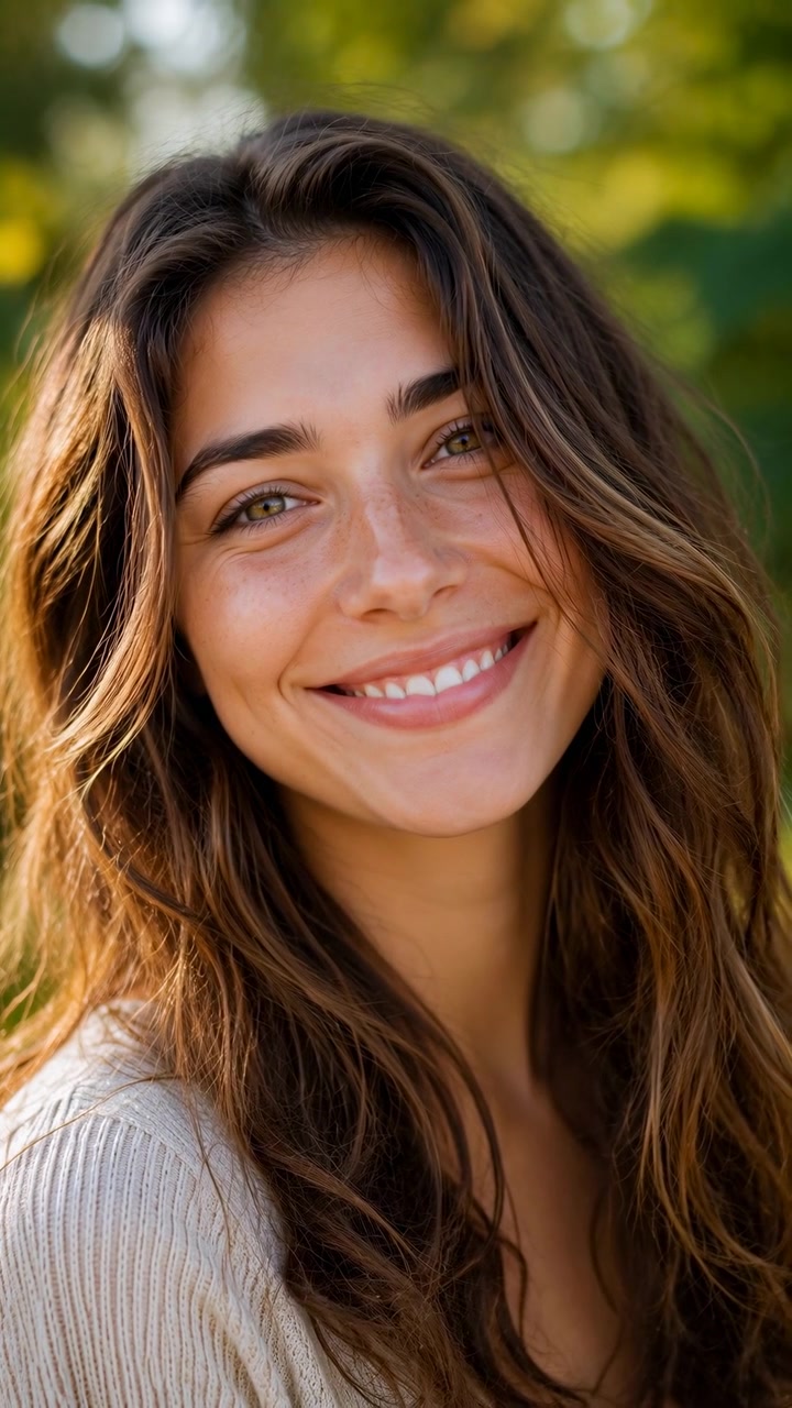 Retrato de primer plano de una joven sonriente al aire libre con un fondo verde suavemente difuminado, cabello largo y ondulado, y cálida luz natural creando una atmósfera amigable.