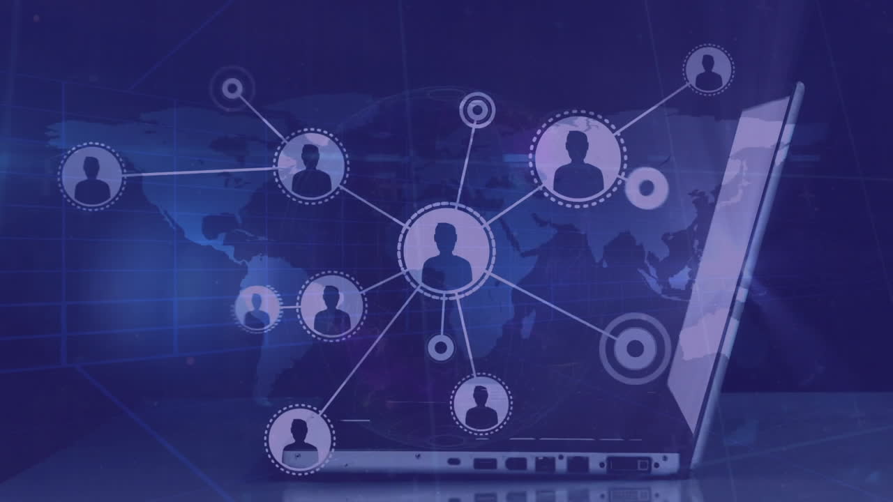 Animation of network of connections with icons over world map and caucasian businessman using laptop