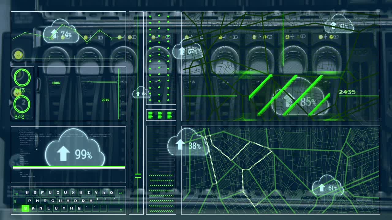 Animation of clouds with percents and data processing over server room