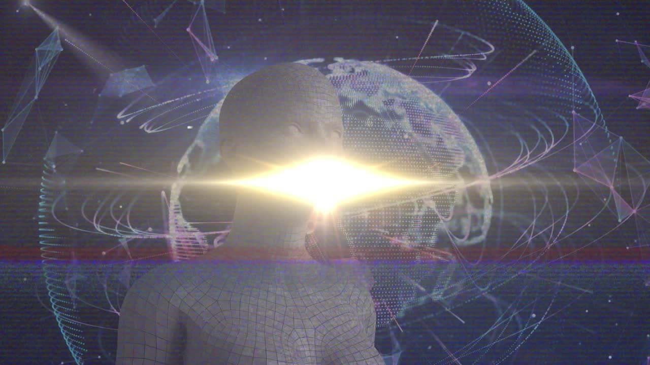 Animazione di interferenze e scie luminose su modello umano e globo