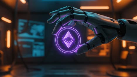 a futuristic robotic hand grasping the ethereum symbol, showcasing advanced technology and digital currency in a high-tech environment