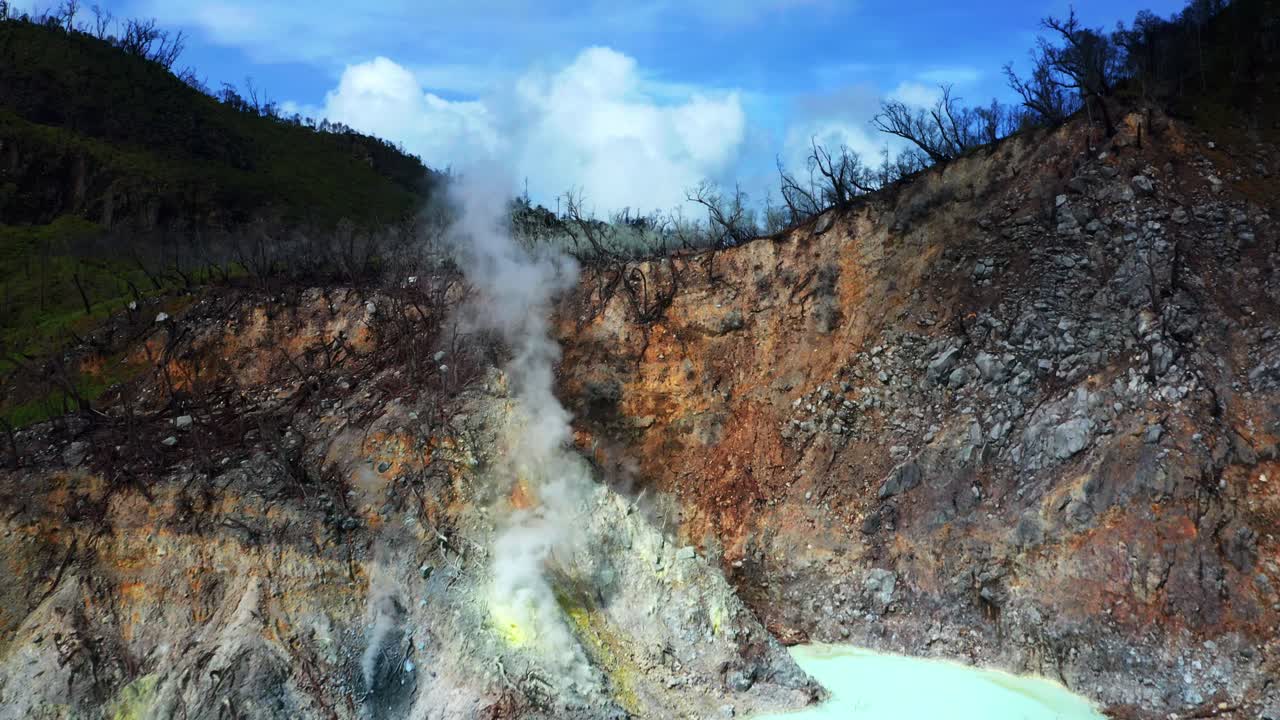 воздушный вид серового дыма, поднимающегося с белого кратерного озера, к югу от бандунга, западная ява, индонезия