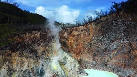 vista aérea de humo de azufre que se eleva desde el lago del cráter blanco, al sur de bandung, java occidental, indonesia