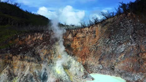 aerial view of sulfur fume rising from the white crater lake, south of bandung, west java, indonesia