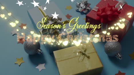 Animation-of-season's-greetings-text-with-fairy-lights-over-presents-and-decorations