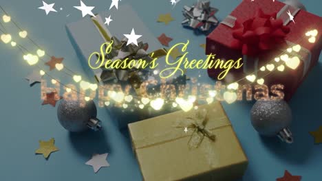 animation of season's greetings text with fairy lights over presents and decorations