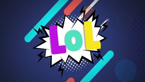 animation of retro lol text and abstract shapes moving over blue background