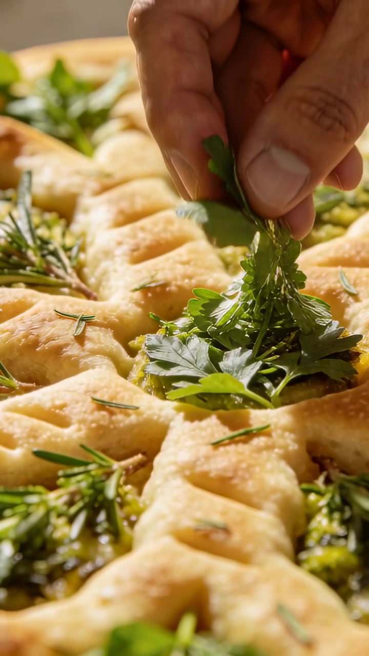 Video verticale: Un cuoco sistema il prezzemolo in una focaccia rotonda in cucina, con rosmarino.