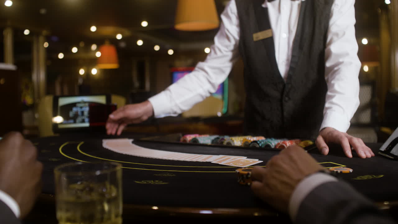 crupier barajando cartas de póquer.