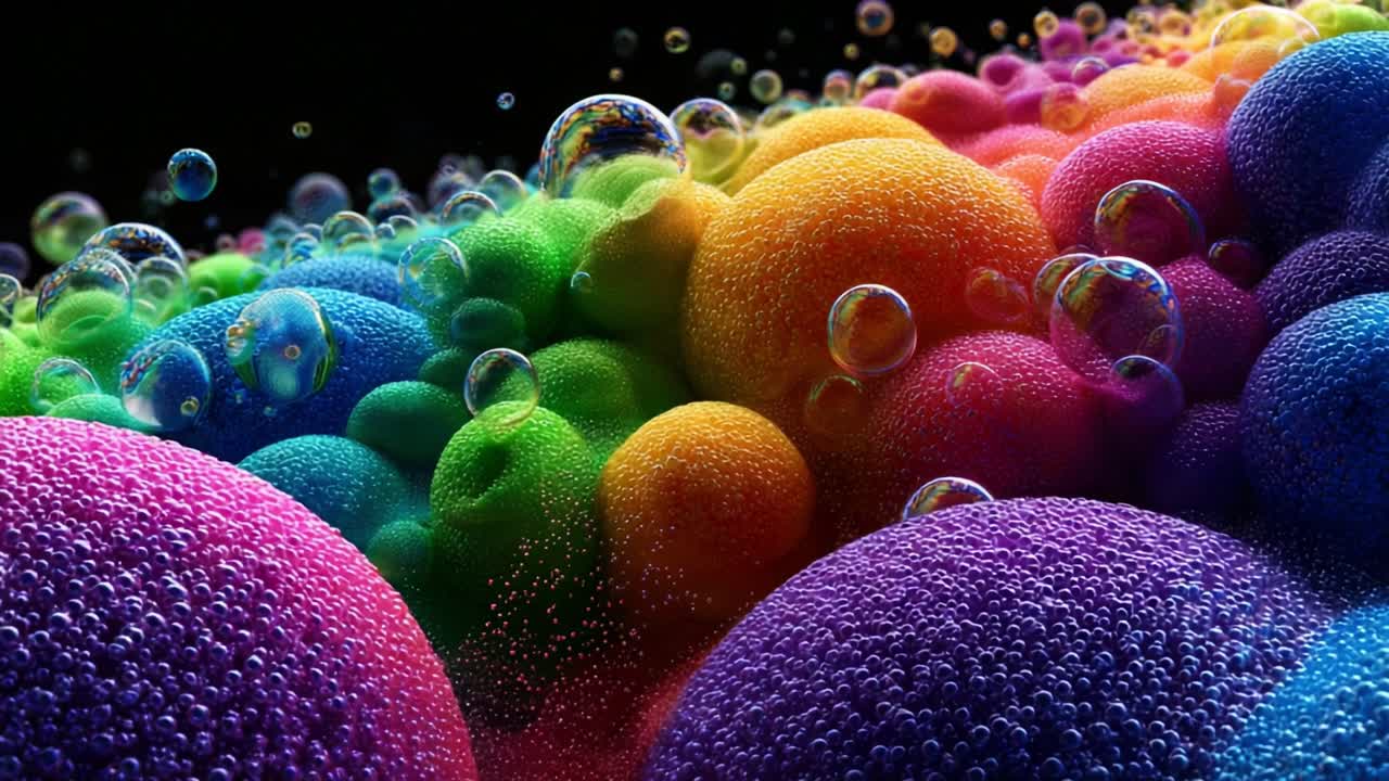 Vibrant Bubbles and Colorful Spheres in an Abstract Cluster of Vividly Colored Textures with a Blurred Background, Creating an Ethereal and Dreamlike Visual Experience