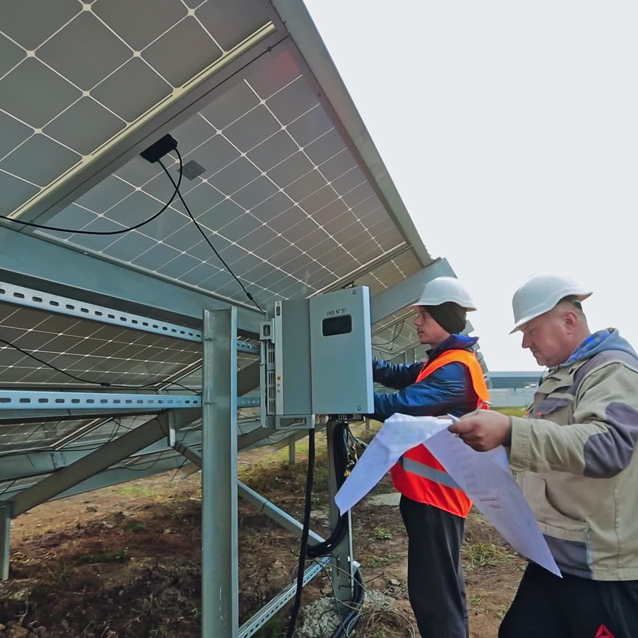 Technicians check the work of solar panel. Side view of two workers in protective uniform and hardhats installing photovoltaic panel.