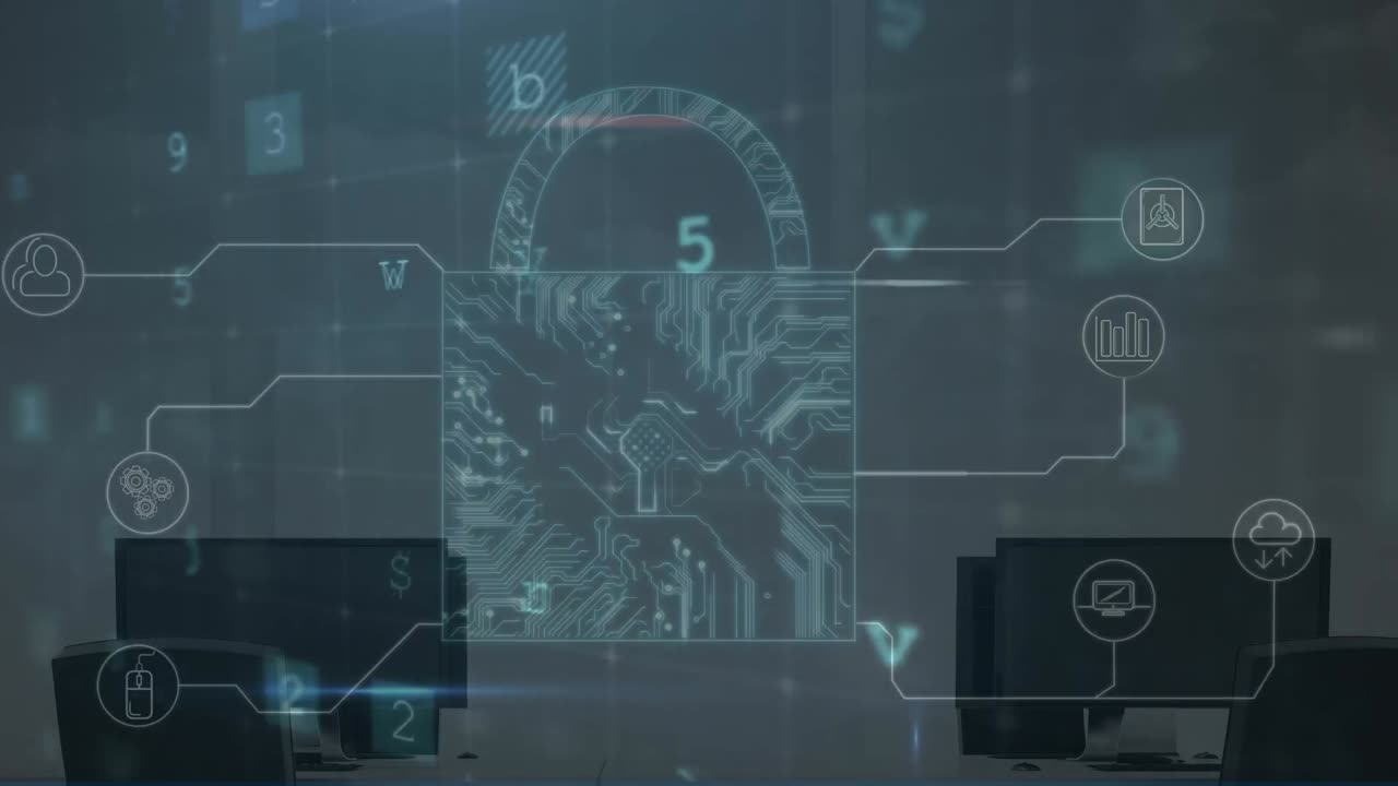 animación de candado digital, escaneo y advertencia a través de computadoras en la oficina