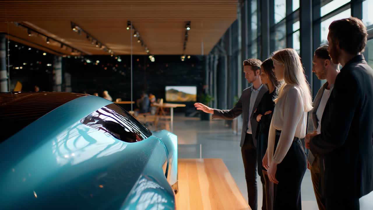 A Group of Enthusiasts Engaged in Discussion While Admiring a Stunning Modern Car at a Luxurious Automotive Showroom, Capturing the Essence of Innovation and Design Inspiration