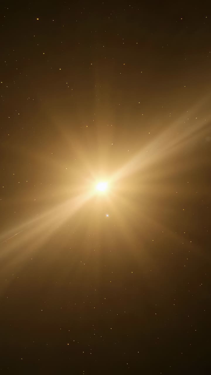 Vertical video: Showing bright golden star emitting pulsing beams in space, with blue point below