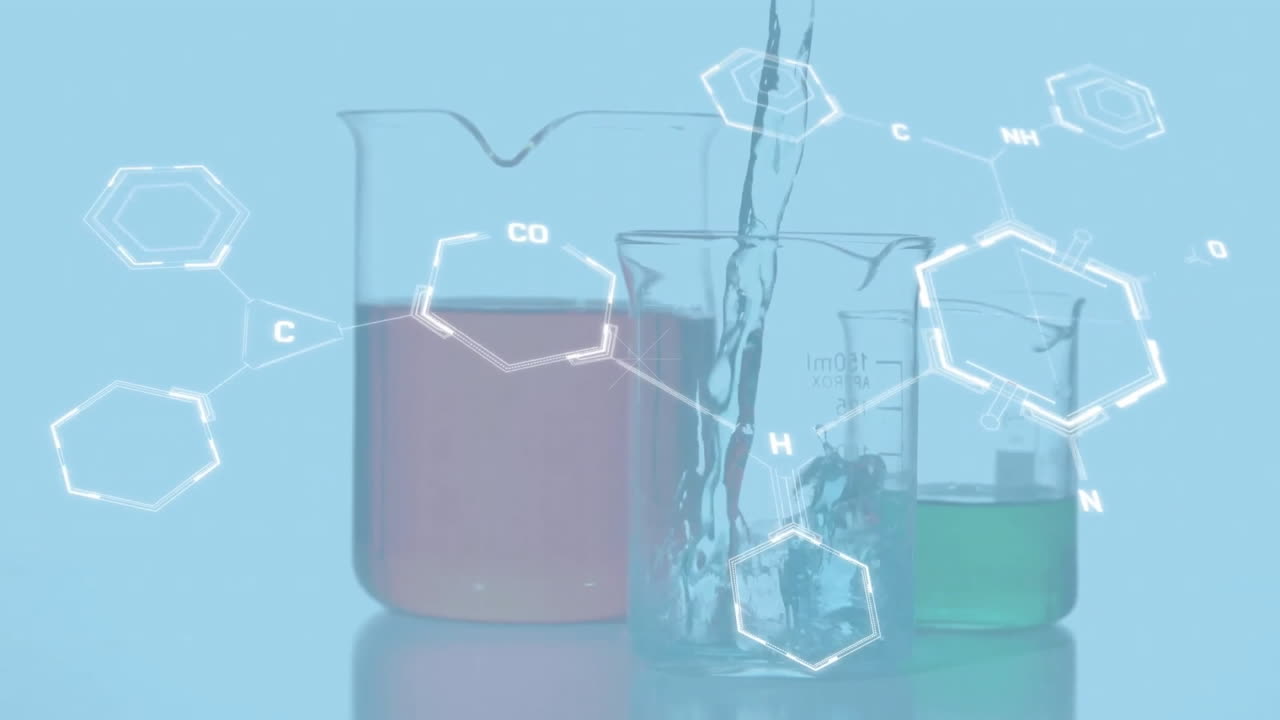 Animation of white shapes over beakers and chemical formula