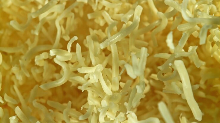 Primo piano di formaggio grattugiato che cade al rallentatore