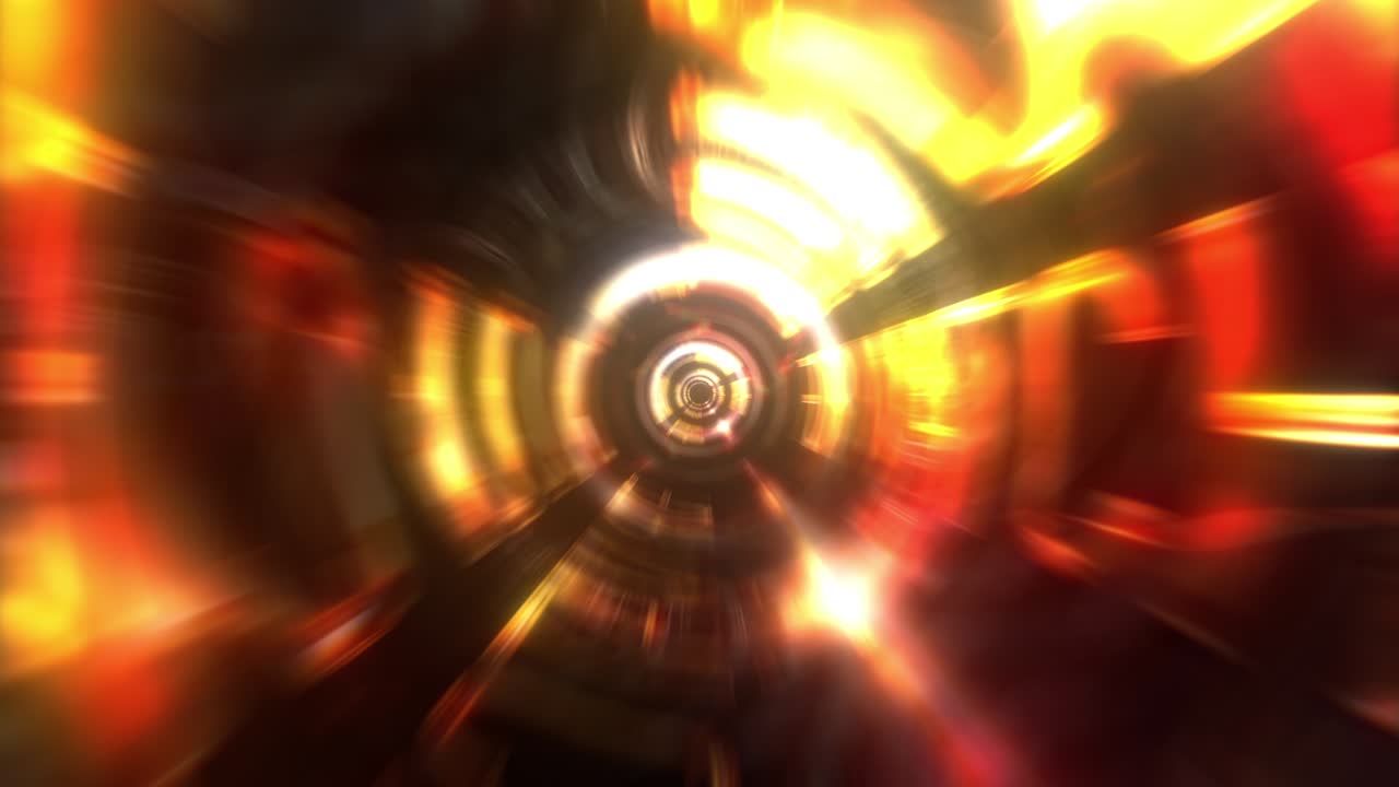 3D loop animation glowing blurred golden bright futuristic tunnel rotation over black background. 4K Abstract speed tunnel science fiction futuristic background. Fractal geometric hi-tech shape.