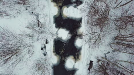 Luftbild-Von-Oben-Nach-Unten-Auf-Den-Frostigen-Waldfluss-Mit-Schneebedecktem-Wald