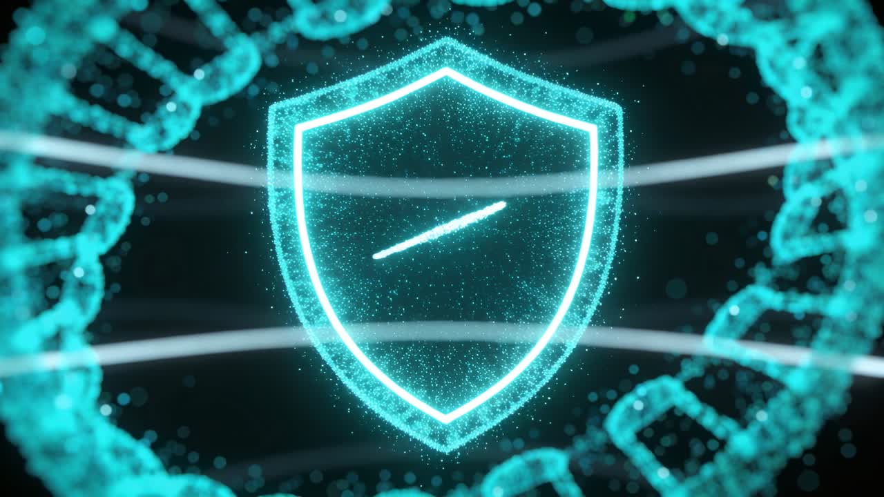 Central spark appearing, pulsing cyan shield forming diagonal particle ribbon, ring rotating