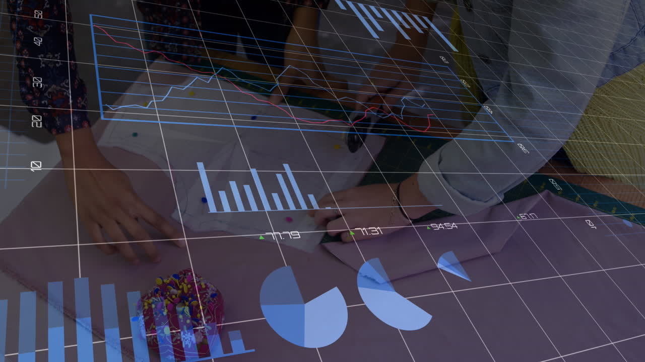 animación de gráficos y números cambiantes, diversas diseñadoras discutiendo y cortando tela