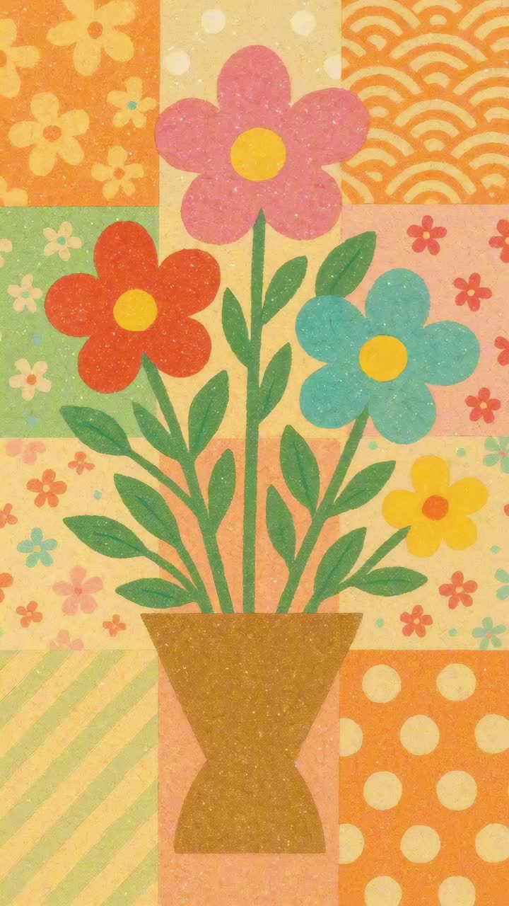 Colorful floral illustration with a retro patchwork style, viewed from a top-down angle, reminiscent