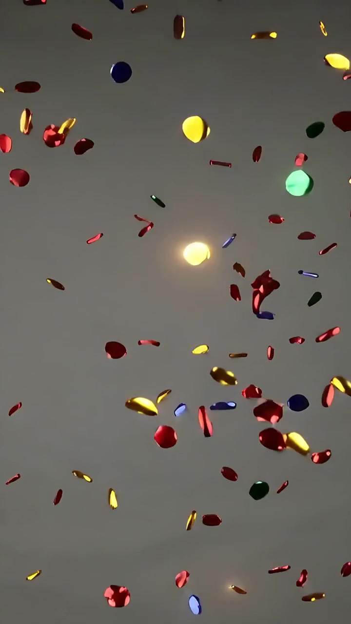 Video verticale: Coriandoli metallici che esplodono, cadono e ruotano contro un soffitto grigio, mostrando riflessi oro rosso.