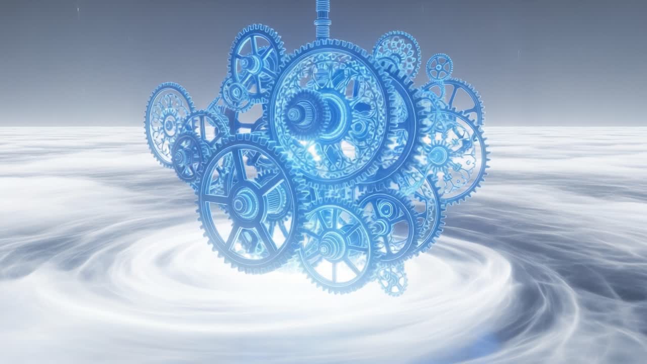 Mesmerizing Cogs and Gears: A Stunning Visual of Intricate Mechanical Components Spinning in Ethereal Light Amidst a Whirling Mist