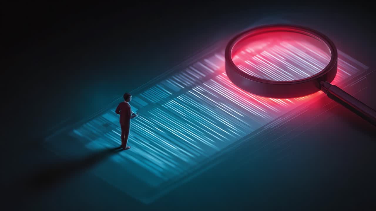 A Figure Contemplates a Magnifying Glass Casting a Mysterious Light on Lines, Evoking Themes of Analysis and Investigation in a Darkened Environment