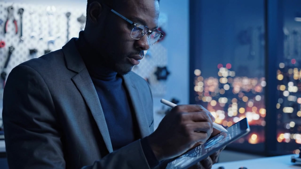 A Professional Working on a Tablet in an Urban Setting, Focused on Design and Technology, with City Lights Creating a Productive Atmosphere at Night