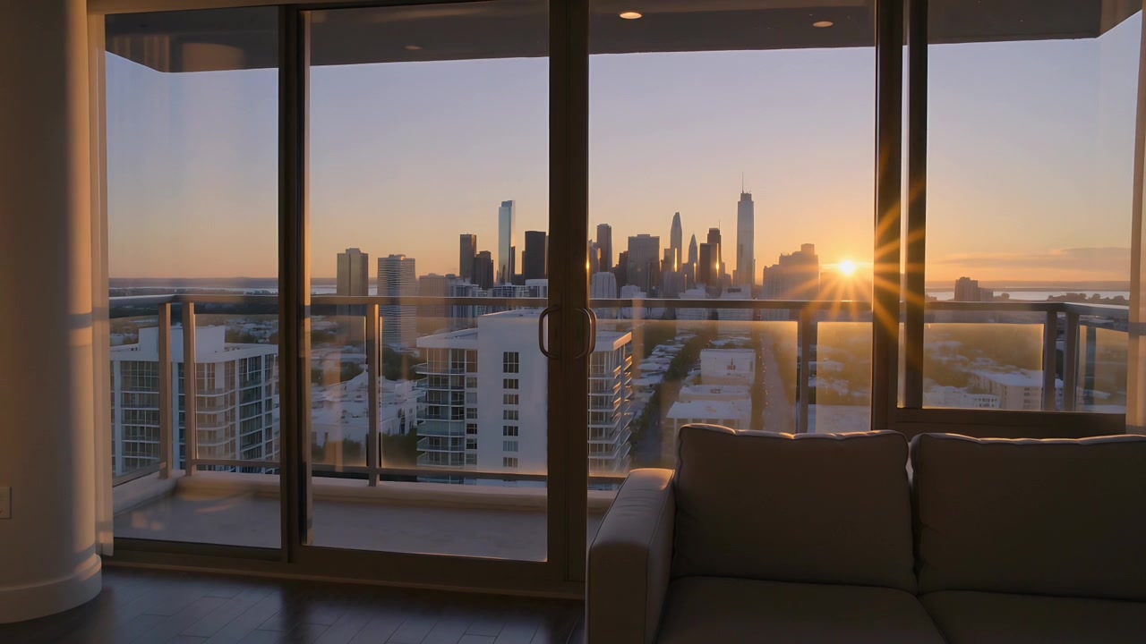 Stigende sol over horisonten oplyser skyline gennem lejlighedsdøre, belyser sofa og rækværk