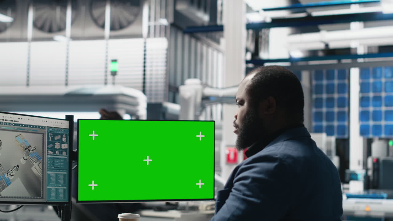 Man working on computer with green screen in industrial setting