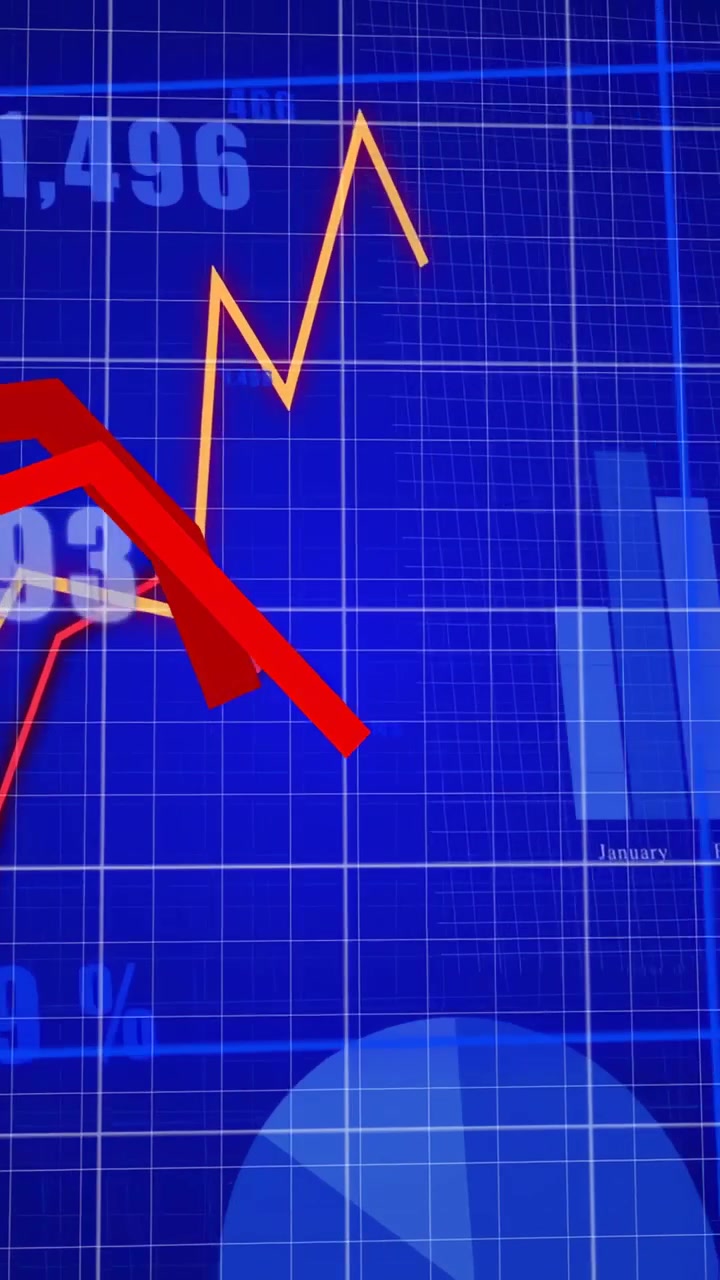 Vertical video: Chart moving on tick orange line climbing ribbon falling bars adapting showing data