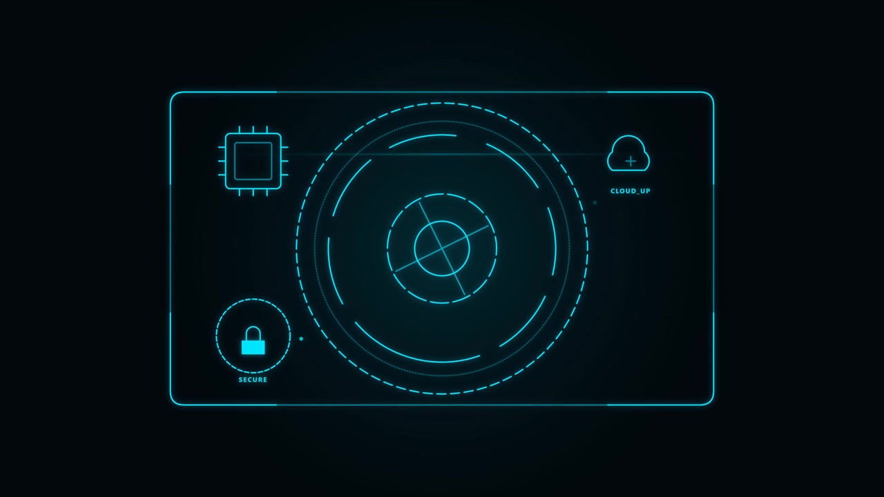 Digital HUD Interface with Rotating Radar and Security Icons