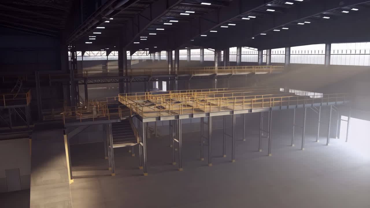 Empty Industrial Warehouse Interior with Platforms and Light Rays