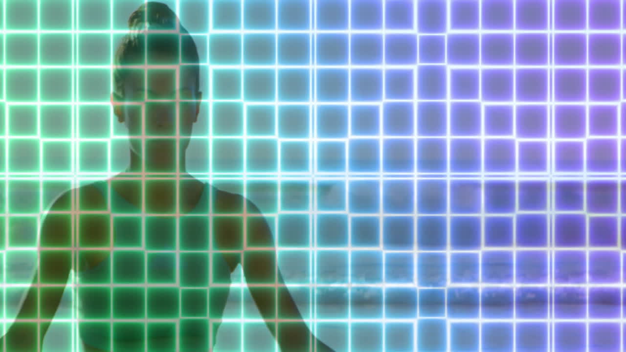 Standing behind glowing grid pattern, person looking at ocean animation scene