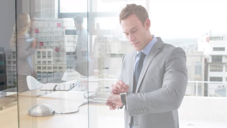 animation of caucasian businessman in office over cityscape