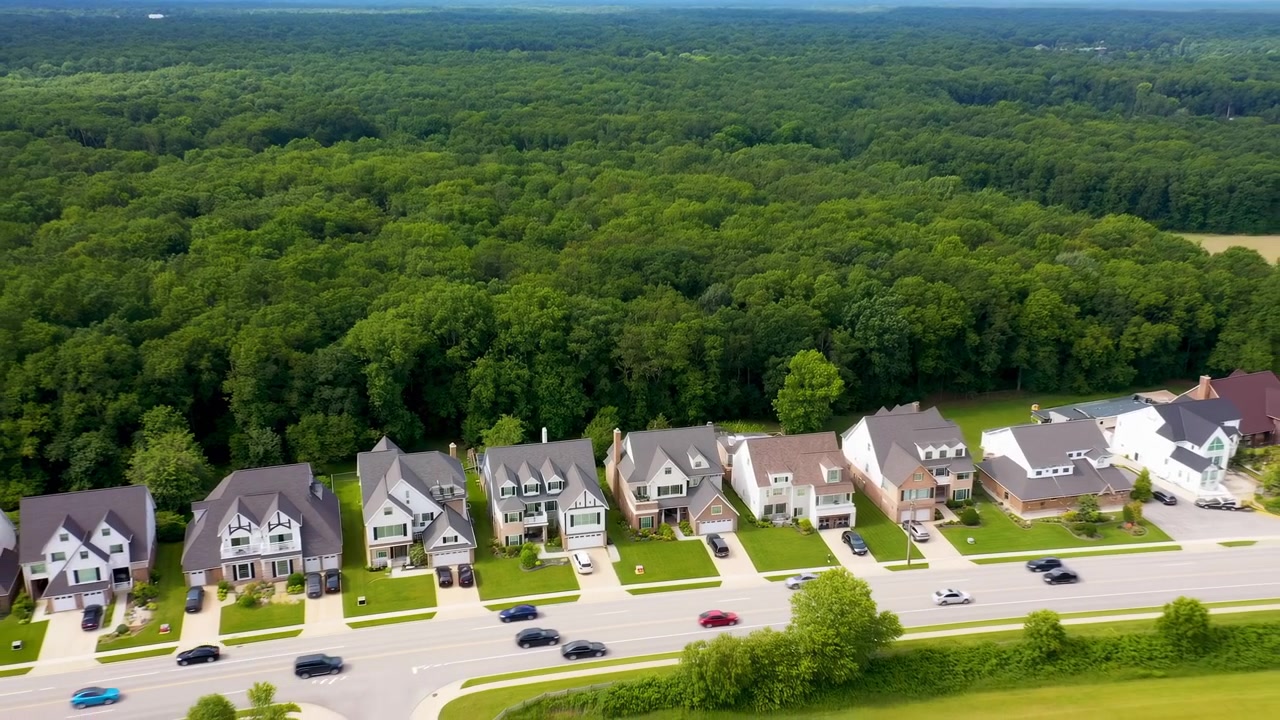 High oblique aerial view showing detached suburban homes with manicured lawns, driveways, garages, parked cars, and surrounding trees beside broad road near forest edge under soft daylight