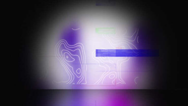Animation of colourful interference over contour lines and blurred purple shapes