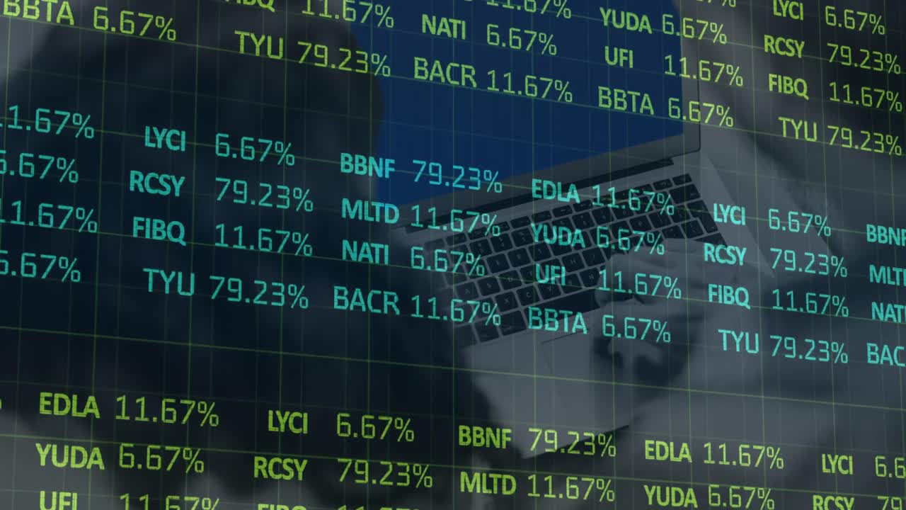 Animation of computer circuit board and stock market over man using laptop