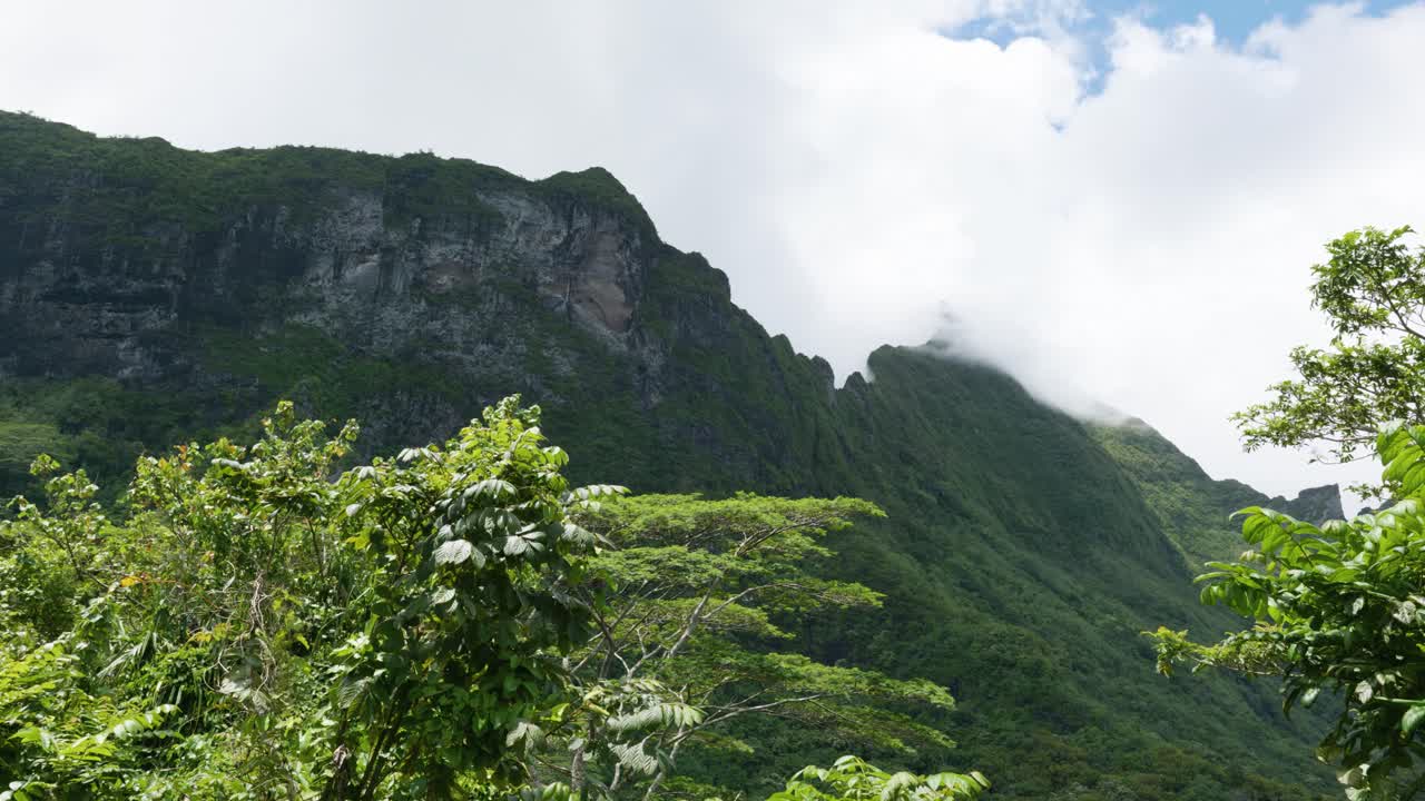 View of mountains in a tropical pacific island on a sunny day in Moorea, French Polynesia.