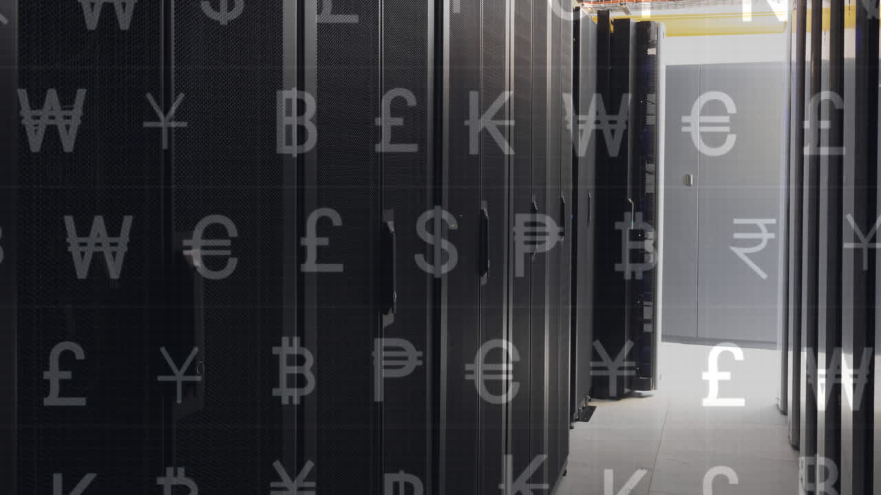 Animation of currency symbols over server room