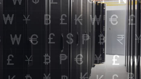 animation of currency symbols over server room