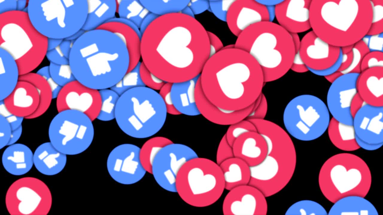 Animazione di emoji "Mi piace" e cuori che cadono - TRANSITION, Rendering, Sfondo, con Canale Alpha, Loop, 60fps